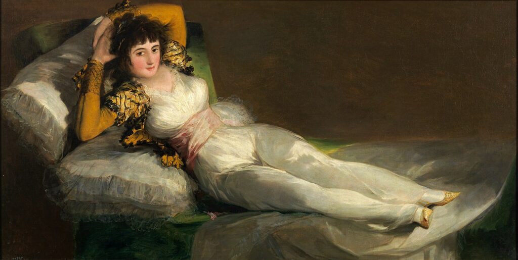 La Maja Vestida (1800–1805) by Francisco Goya reflects a bold and sensual portrayal of female beauty