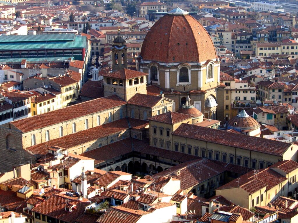 Laurentian Library in Florence (designed 1523-1525) reflects Michelangelo’s innovative architectural vision, the transition from High Renaissance to Mannerism