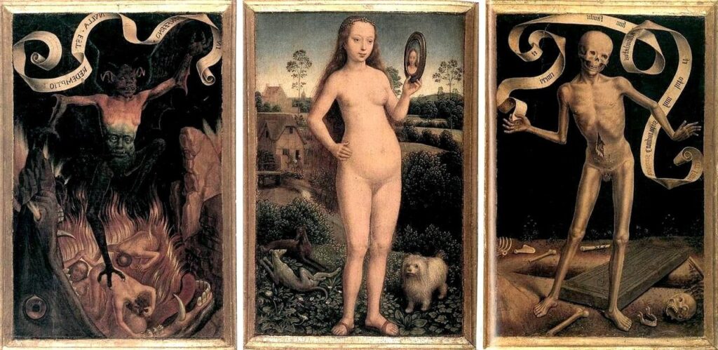 Earthly Vanity and Divine Salvation (triptych, front) (c. 1485) by Hans Memling reflects themes of moral choice.
