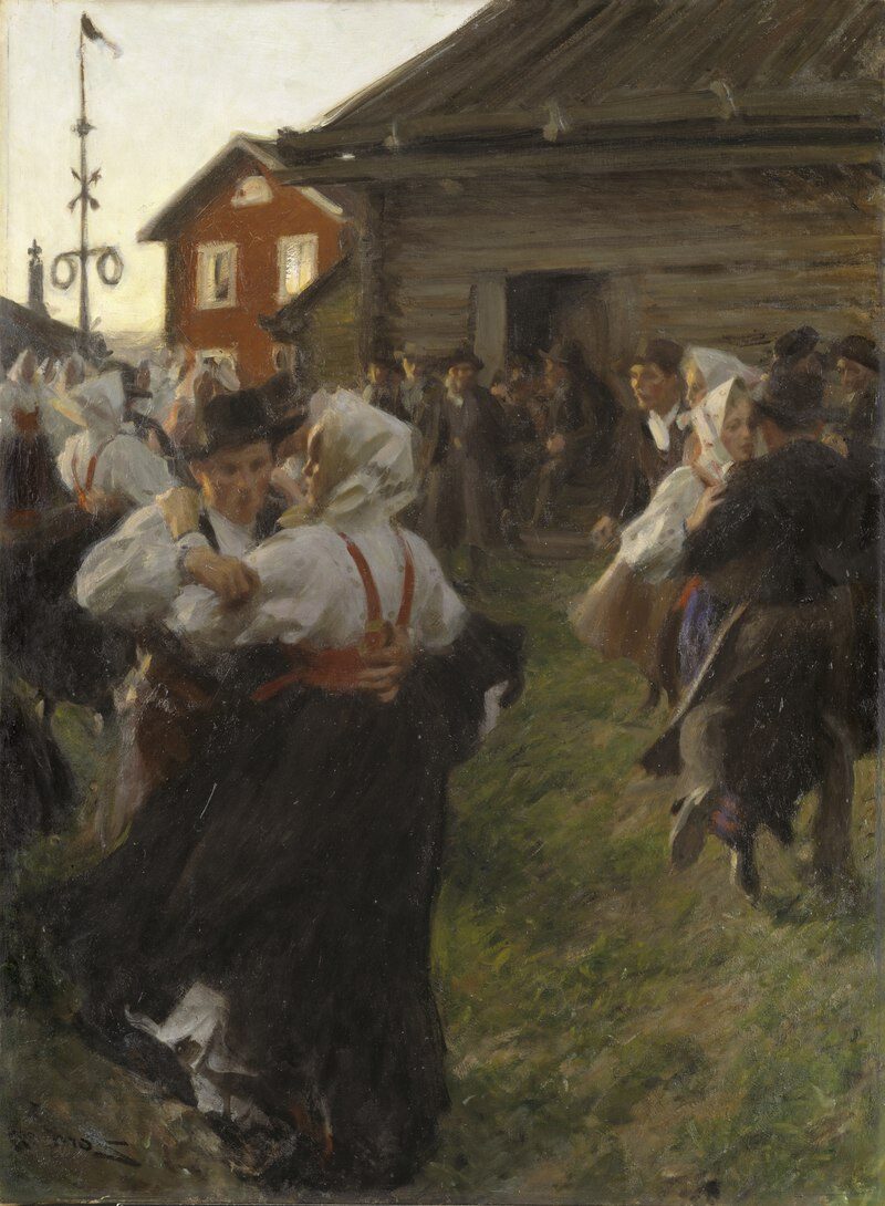 Midsummer Dance (1897) by Anders Zorn reflects a lively rural celebration, where couples joyfully dance in a sunlit clearing