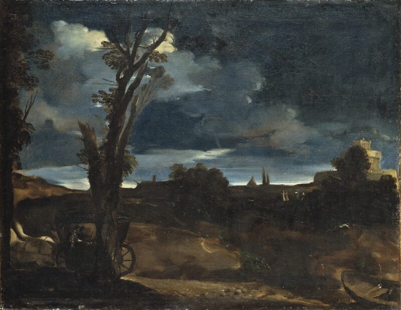 Moonlit Landscape (c. 1616) by Guercino reflects themes of tranquility, mystery, and the sublime power of nature.