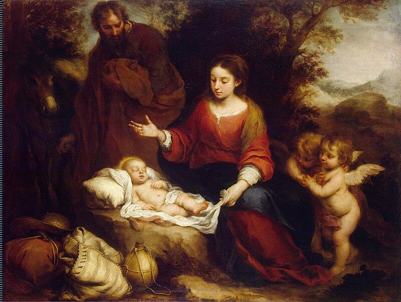 Rest on the Flight into Egypt (c. 1665) by Bartolomé Esteban Murillo reflects themes of divine protection, maternal love, and human tenderness.