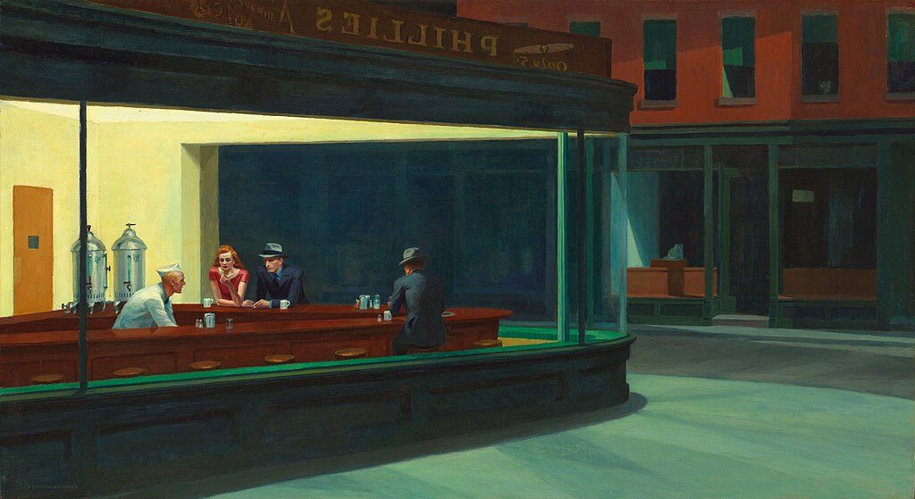 Nighthawks (1942) by Edward Hopper reflects a sense of isolation and quiet introspection in urban life.