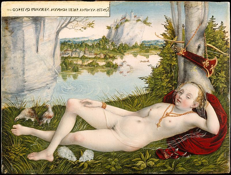 Nymph of the Spring (1545–1550) by Lucas Cranach the Younger reflects themes of beauty, sensuality, and mythology.