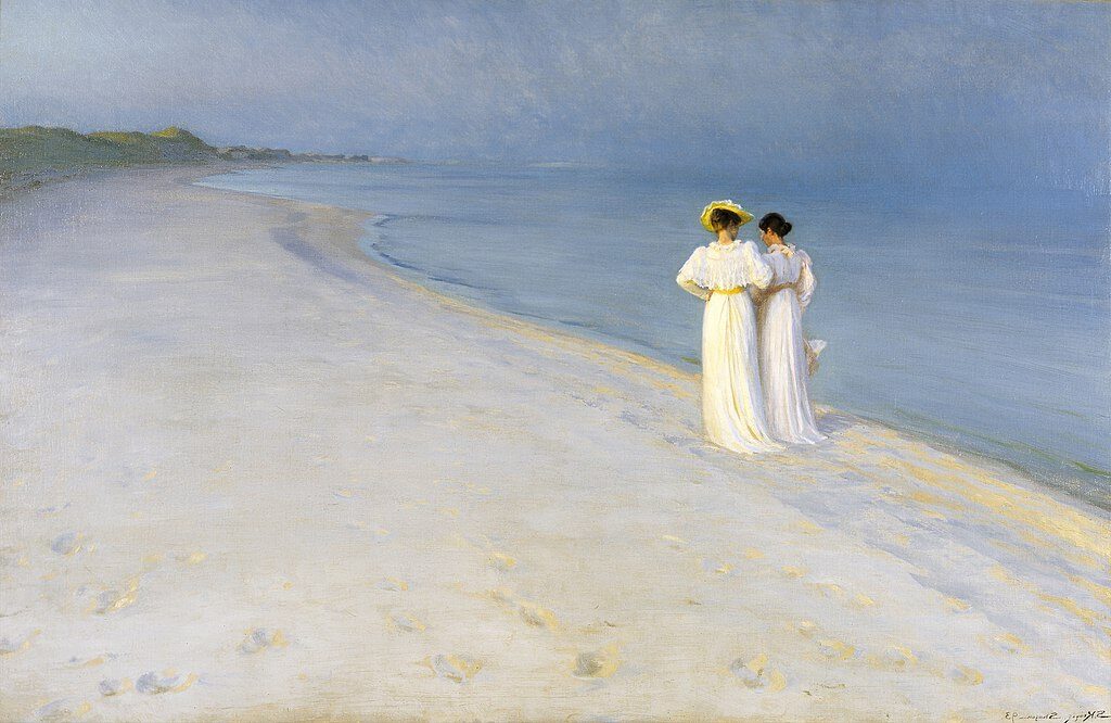 Summer Evening on Skagen's Southern Beach with Anna Ancher and Marie Krøyer, 1893 reflects the serene elegance of friendship and artistic life.