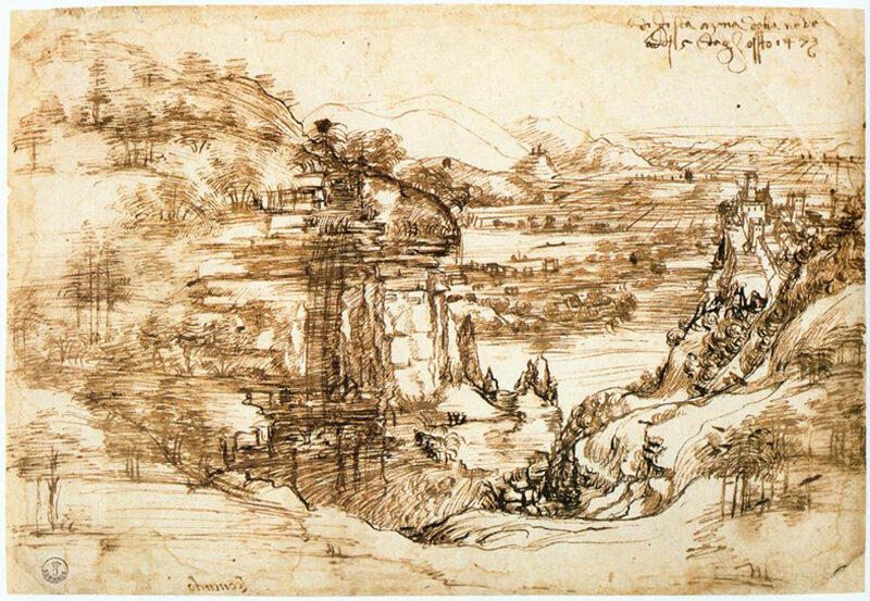 Landscape of the Arno Valley (1473) reflects his early scientific curiosity, mastery of perspective, and fascination with nature.