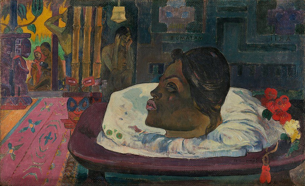 Arii Matamoe (The Royal End), 1892 by Paul Gauguin reflects the themes of death, colonialism, and the mysticism of Tahitian culture.