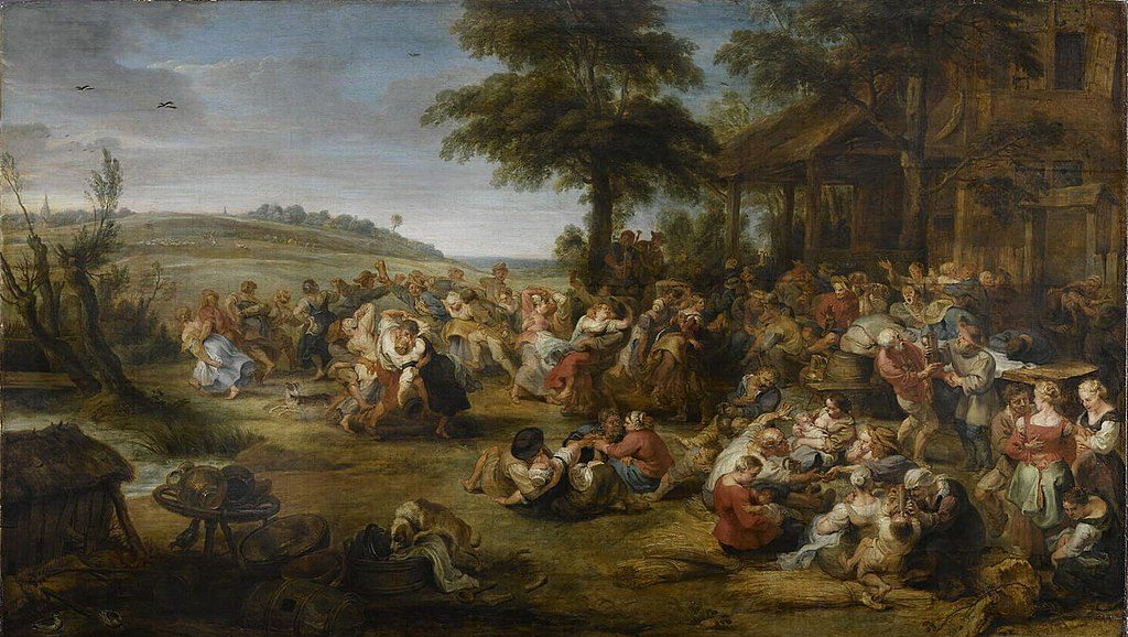 Feasting and dancing peasants, c. 1636 reflects Rubens' fascination with rustic life, joy, and communal celebrations.
