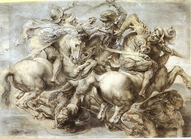 Battle of Anghiari (Lotta per lo Stendardo), c. 1503 – c. 1505 reflects the chaotic intensity of war, human struggle, and the artist's groundbreaking approach to movement and emotion in art.