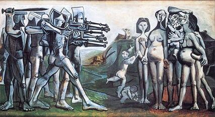 Massacre in Korea (1951) by Pablo Picasso evokes themes of injustice, brutality, and the suffering of the innocent.