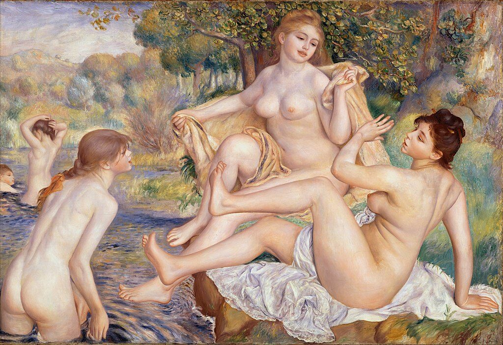 The Large Bathers (1887) by Pierre-Auguste Renoir reflects Renoir’s exploration of the human form in nature
