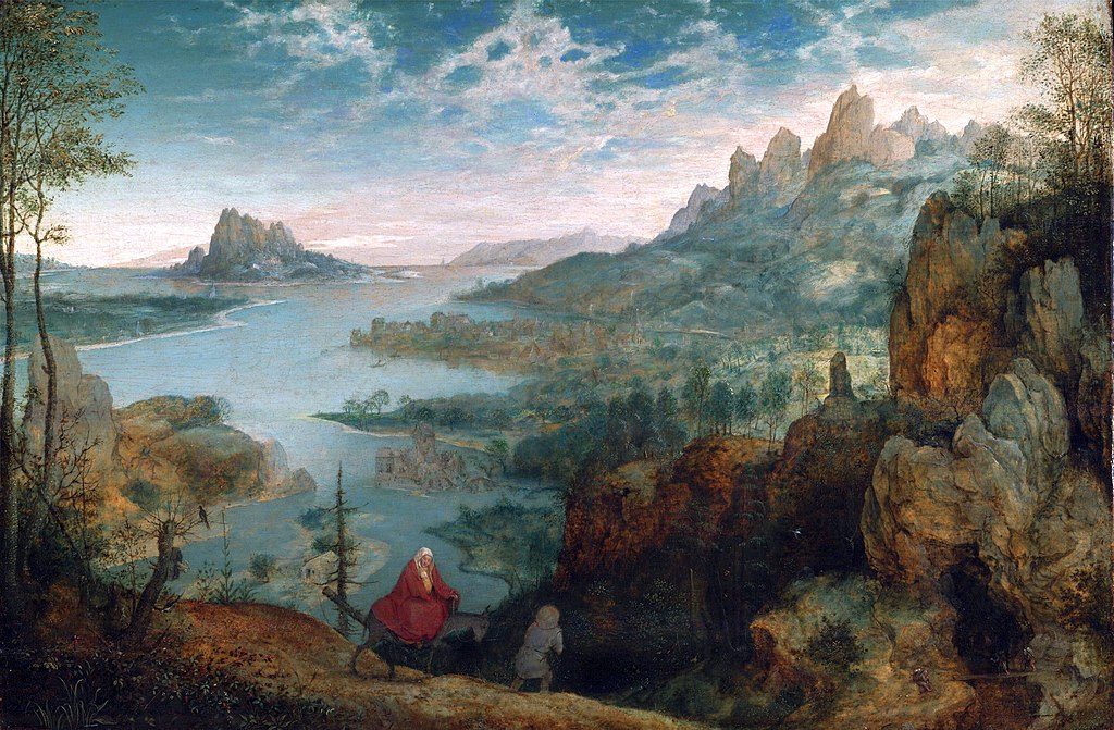 Landscape with the Flight into Egypt (1563) reflects themes of refuge, divine protection, and the insignificance of human figures.
