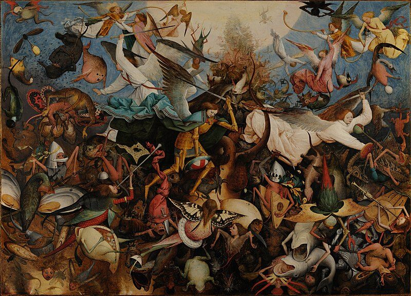The Fall of the Rebel Angels (1562) by Pieter Bruegel the Elder reflects themes of divine justice, chaos, and the battle between good and evil.
