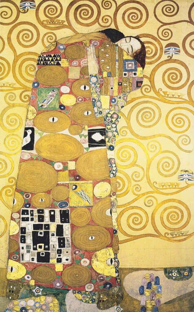 Die Umarmung ("The Embrace") (c. 1905–1909) reflects a deeply intimate and symbolic depiction of love, unity, and passion