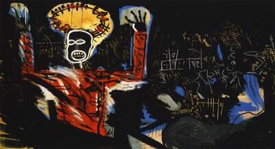 Profit I, 1982 reflects Basquiat’s exploration of power, religion, and capitalism.