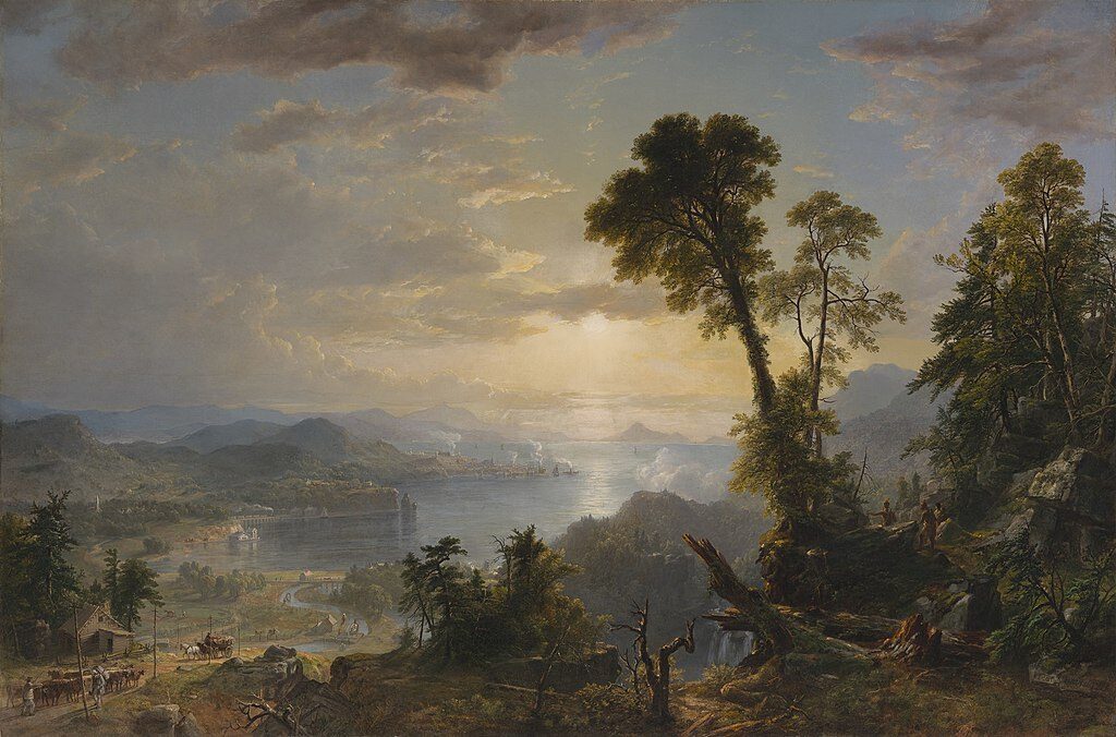 Progress, 1853, by Asher Durand  reflects the tension between nature and industrialization. 