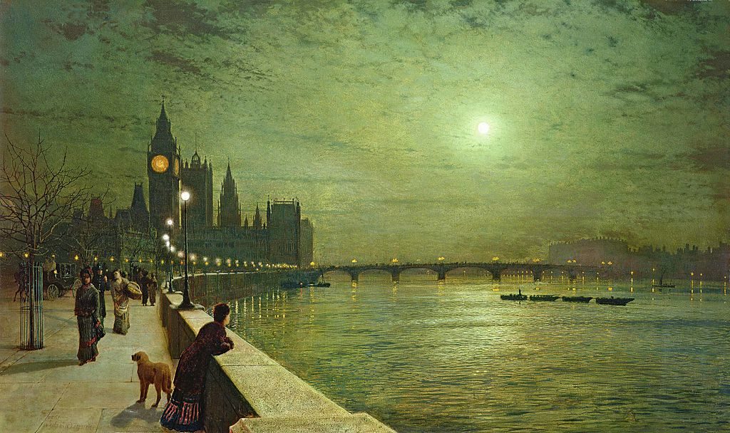 Reflections on the Thames (1880) by John Atkinson Grimshaw reflects the atmospheric beauty of Victorian London at night.