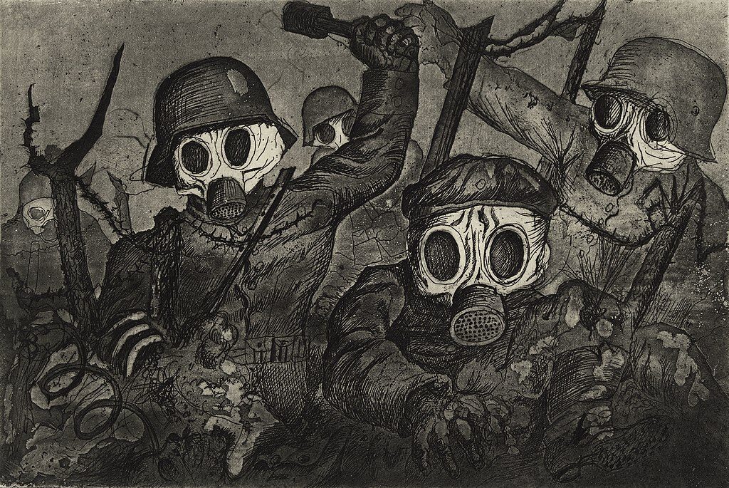 Stormtroopers Advance Under a Gas Attack, 1924, by Otto Dix reflects the horrors of World War I.