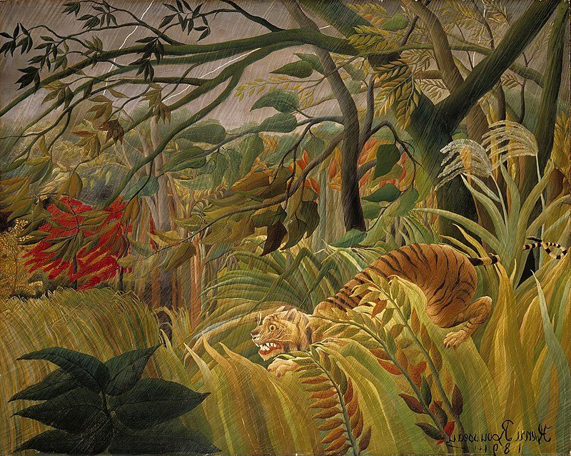 Tiger in a Tropical Storm (Surprised!), 1891 reflects his signature naïve style, with bold colors, detailed vegetation, and an air of mystery.
