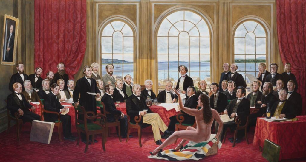The Daddies (2016) reflects Miss Chief Eagle Testickle alongside a group of male figures in a provocative, staged tableau