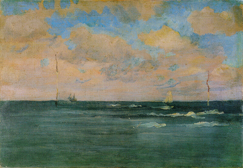 The Bathing Posts, Brittany, 1893, by James McNeill Whistler reflects the artist’s fascination with atmosphere, light, and muted tonal harmonies.