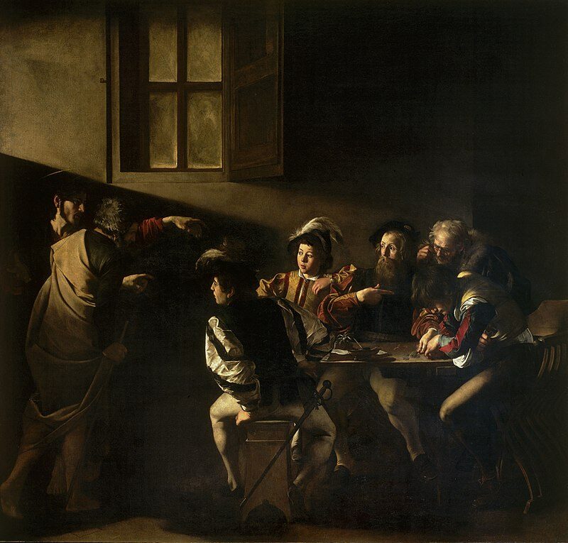 The Calling of Saint Matthew (1599–1600) reflects when Jesus Christ calls the tax collector Matthew to follow him