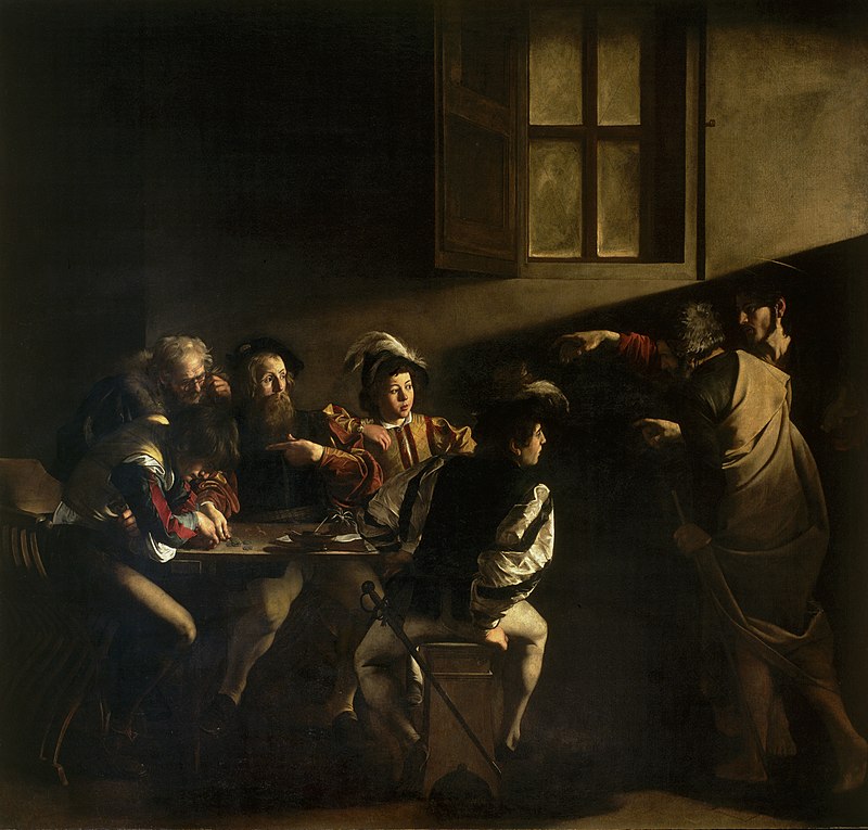 The Calling of Saint Matthew (1599–1600) reflects when Jesus Christ calls the tax collector Matthew to follow him