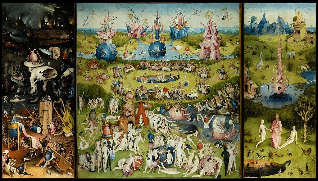 The Garden of Earthly Delights (1490–1500) by Hieronymus Bosch reflects themes of temptation, moral decay, and the consequences of human indulgence.