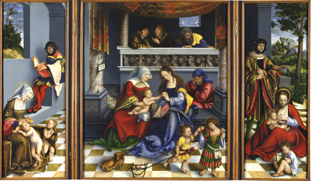 Torgauer Altar (1509) by Lucas Cranach the Elder  reflects themes of Christian devotion and sacred authority. 