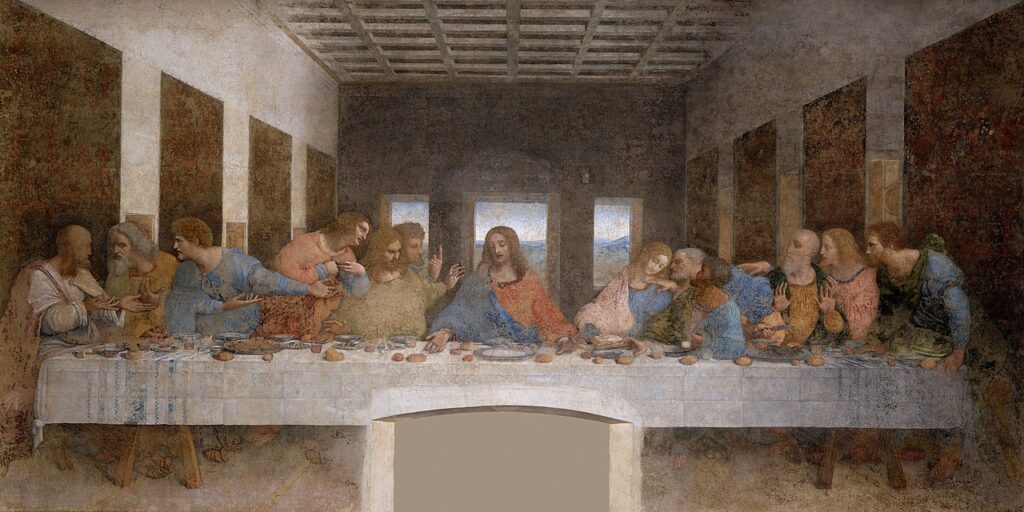 The Last Supper (c. 1495–1498) by Leonardo da Vinci reflects a pivotal moment in Christian theology—the announcement of Christ’s betrayal.