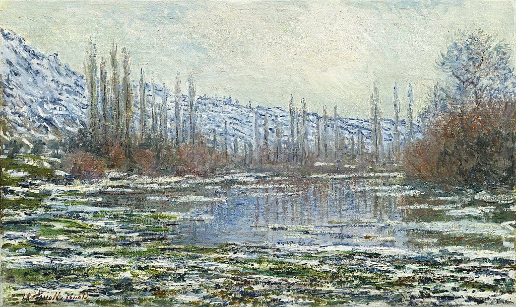 The Thaw at Vétheuil by Claude Monet (1880) emphasizes the effects of light on melting ice and water.