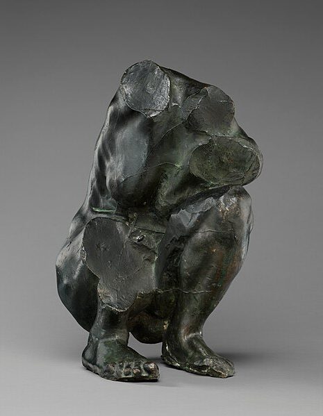 Torso of a Crouching Woman (1884–1885) by Camille Claudel reflects the tension and dynamic curvature of a woman's crouched body, emphasizing her muscles and movement.