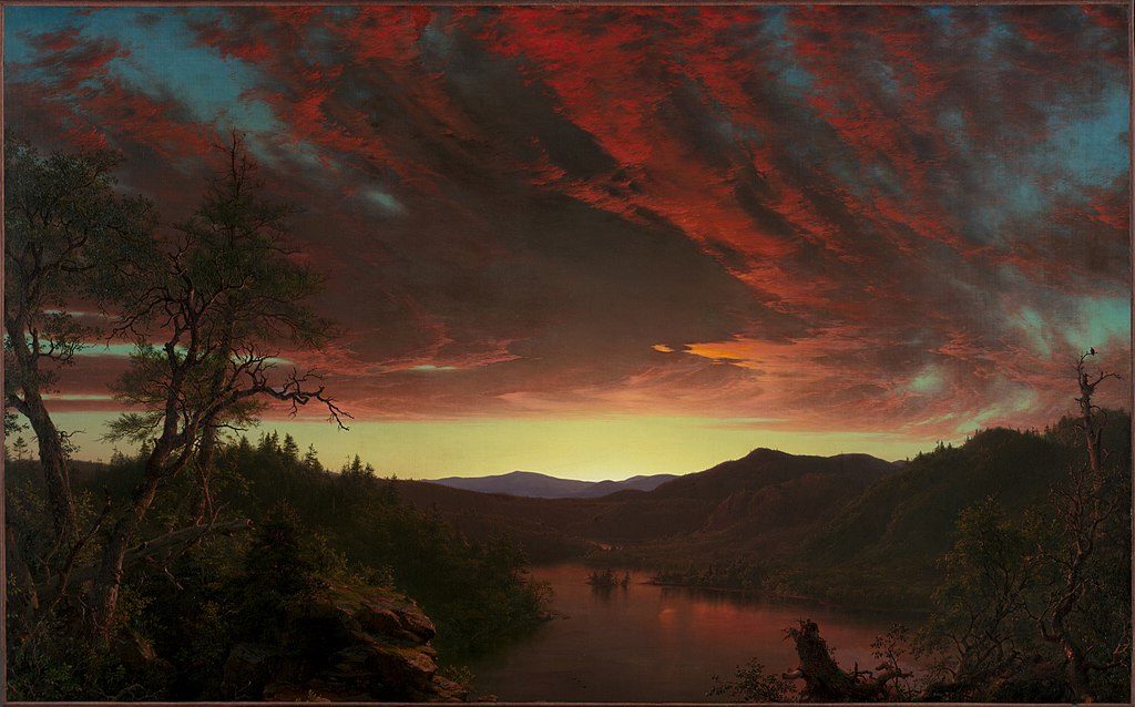 Twilight in the Wilderness, 1860, by Frederic Edwin Church  reflects the Hudson River School’s romantic vision of nature as sublime and divine. 