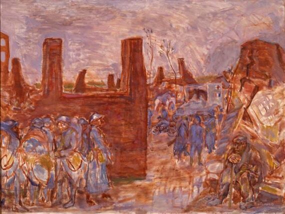 A Village in Ruins Near Ham (1917) reflects the devastation of World War I, depicting the aftermath of destruction in Ham