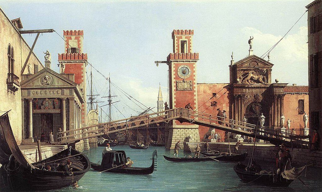 View of the Entrance to the Venetian Arsenal (1732) by Canaletto reflects themes of maritime power, commerce, and architectural grandeur.