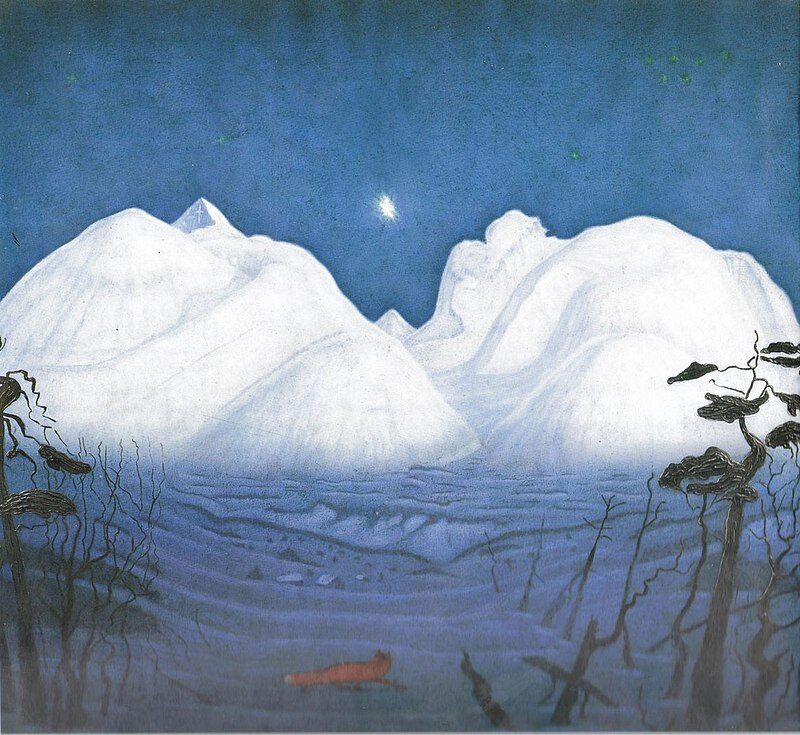 Vinternatt i Fellene III (Winter's Night in the Mountains III), 1950 reflects the stark beauty and quiet isolation of a winter night in the Norwegian mountains.