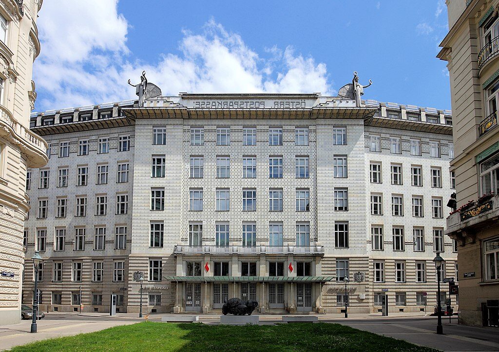 Austrian Postal Savings Bank in Vienna (1904–1912) reflects a precursor to Art Deco, with its clean lines and geometric patterns