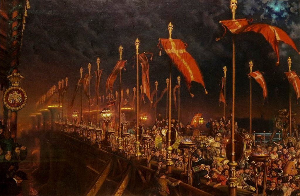 London Bridge on the Night of the Marriage of the Prince and Princess of Wales, 1864 reflects national celebration and the grandeur of Victorian England.