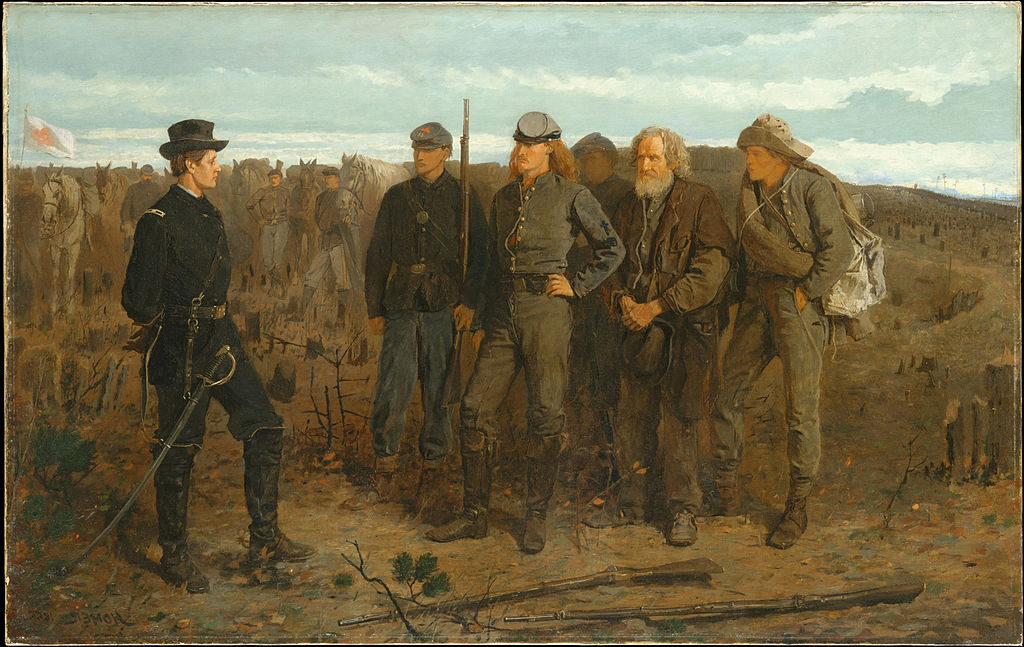 Prisoners from the Front, 1866 by Winslow Homer reflects the tense aftermath of the American Civil War.