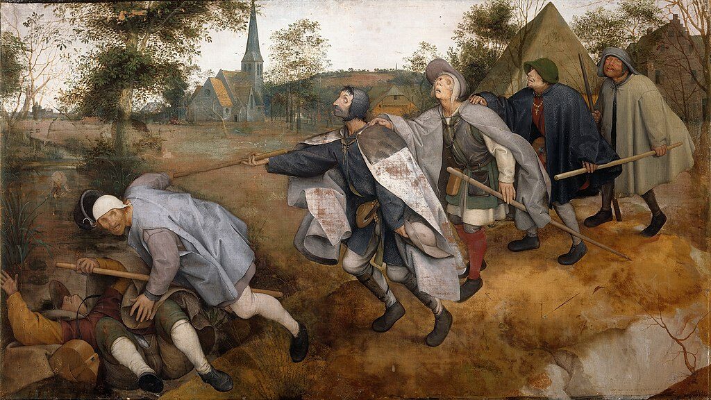 The Blind Leading the Blind (1568) reflects themes of human fragility, ignorance, and the inevitability of fate.