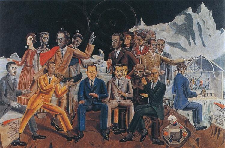 A Friends' Reunion" (1922) by Max Ernst reflects a surreal gathering of avant-garde figures