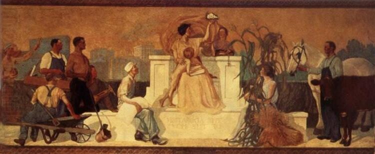 Adoration of the Home, c.1921–1922 reflects Wood’s fascination with domestic life and the sentimental idealization of home.