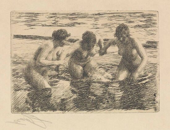 Against The Current (1919) by Anders Zorn reflects three women wading through a rushing river, their bodies partially submerged