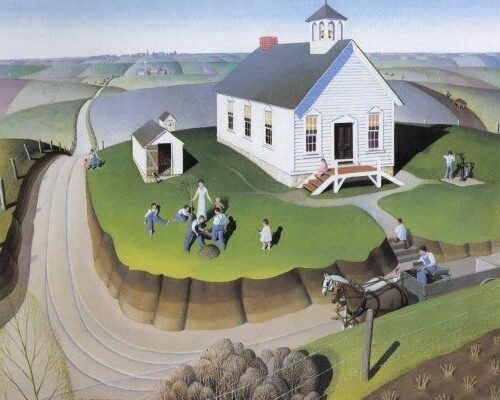 Arbor Day (1932) by Grant Wood reflects a group of schoolchildren and their teacher planting a tree in front of a red brick schoolhouse