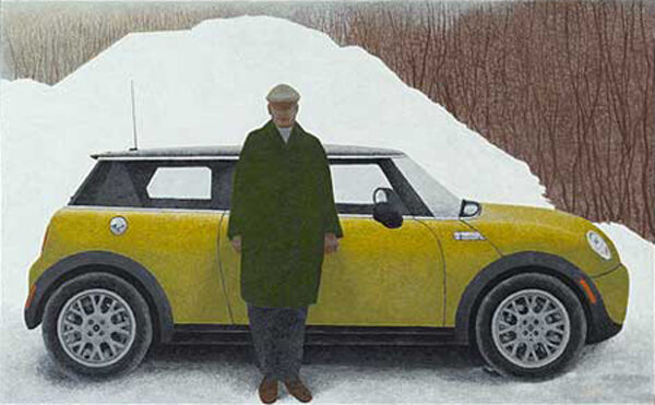 Artist and Car (2008) reflects a self-portrait of the artist standing beside a yellow car, set against a backdrop of a snowy landscape