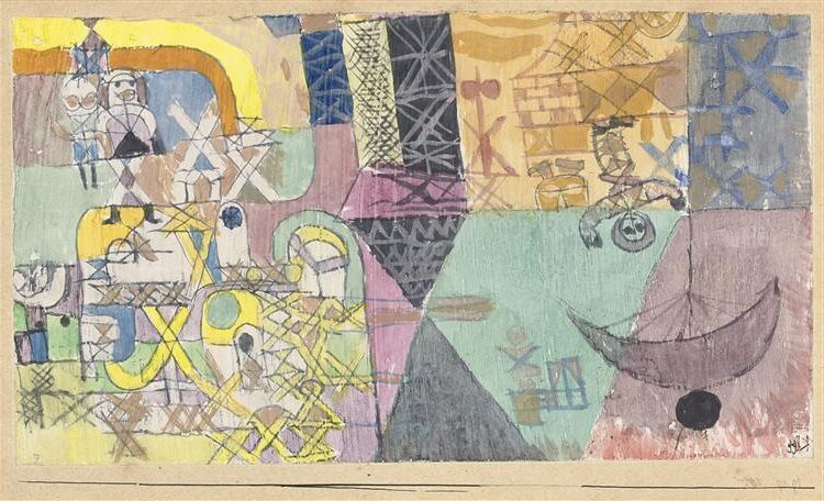 Asian Entertainers (Asiatische Gaukler), 1919 reflects Paul Klee’s fascination with color, rhythm, and fantasy. 