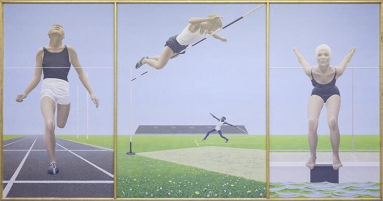 Athletes (1960) reflects a swimmer poised to dive, two runners sprinting, and a rower in rhythmic motion