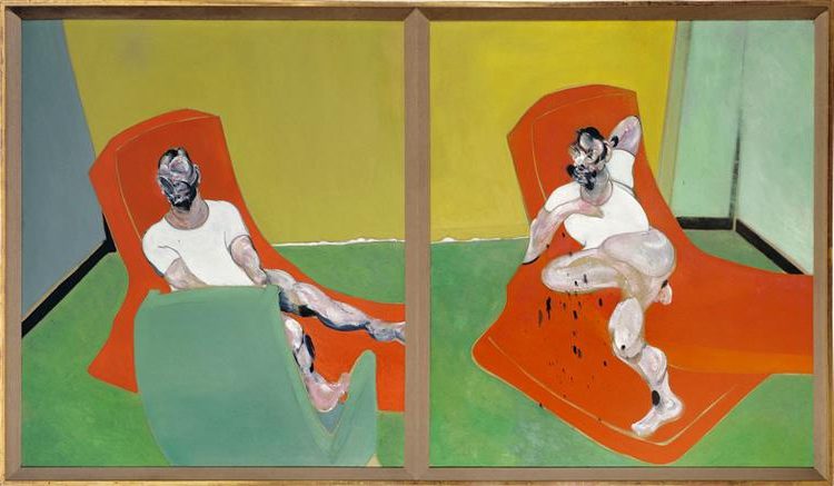 Double Portrait of Lucian Freud and Frank Auerbach, 1964 reflects the psychological tension between two artists through distorted, isolated figures.