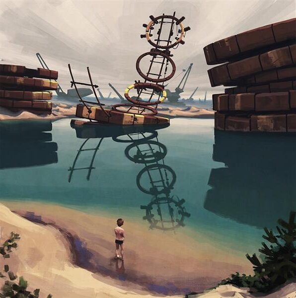 Badplatsen (2014) by Simon Stålenhag reflects a scene where a massive, futuristic machine towers over a partially frozen lake