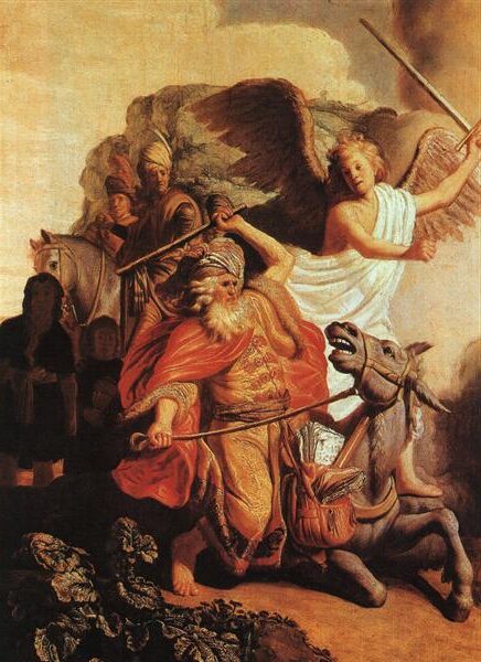 Balaam's Ass (1626) by Rembrandt reflects a dramatic moment from the biblical story of Balaam, capturing the moment when Balaam's donkey sees an angel and refuses to move forward